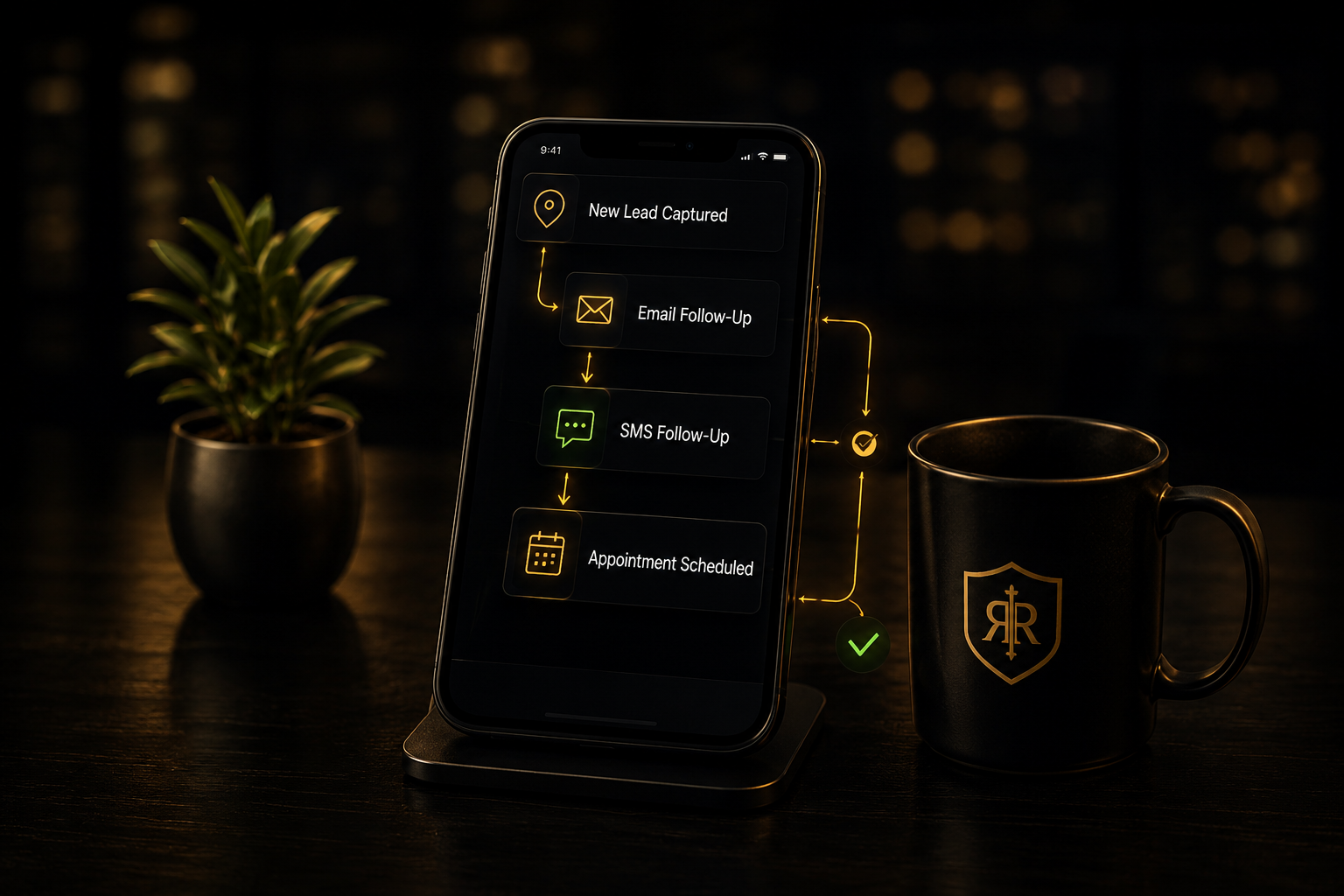 Phone showing CRM automation: new lead captured, email and SMS follow-up, appointment scheduled