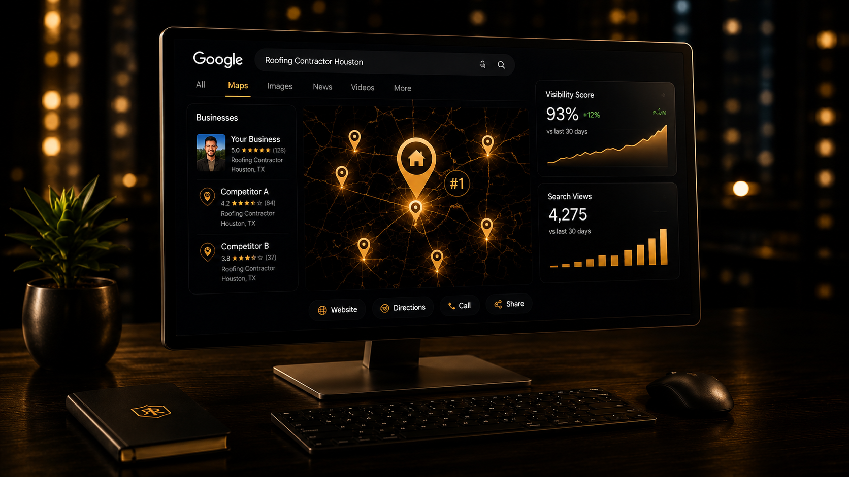 Google Maps local visibility dashboard showing #1 ranking and search insights